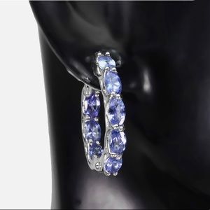 Unheated Tanzanite 5x3mm 14K White Gold Plate 925 Sterling Silver Hoops